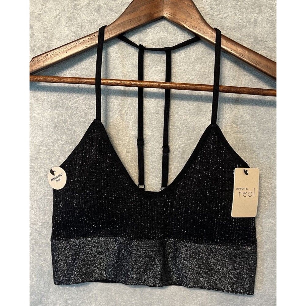Comfort by REAL Bralette Womens Med Black Stretch Glitter NWT  STARGIRL